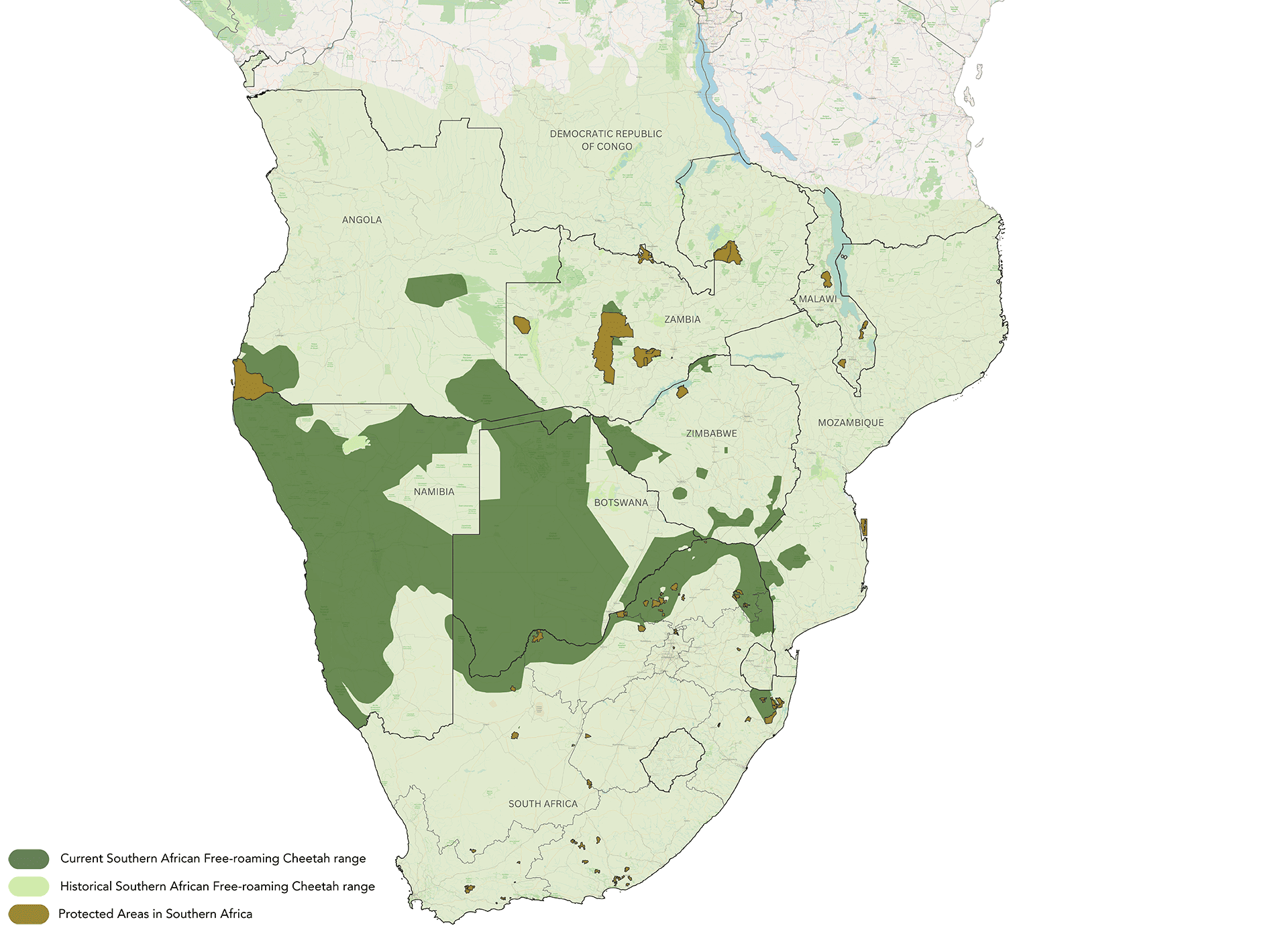 africa map of research and conservation for cheetah