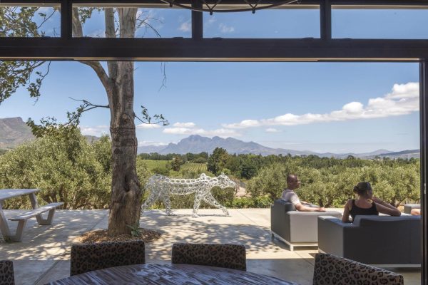 a tree'd scenic terrace with a cheetah statue and people seated in loungers