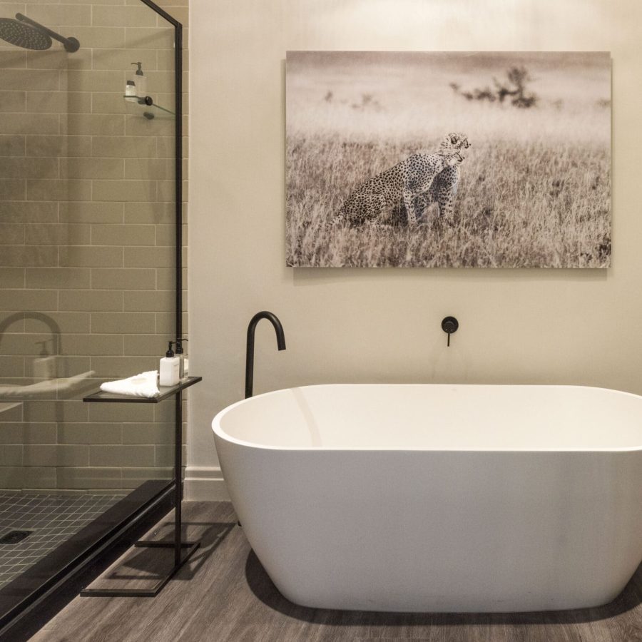 free standing bath and large shower with an image of cheetahs on the wall
